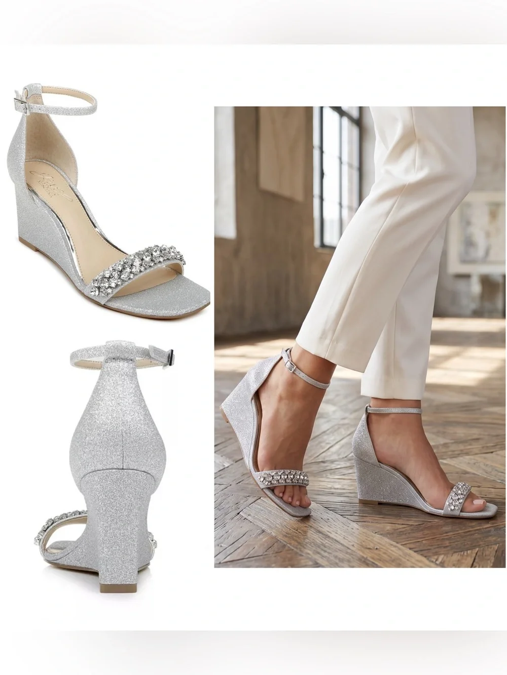 Jewel Badgley Mischka Peggy Silver Glitter Jeweled Wedge Sandals Shoes NWOB $149